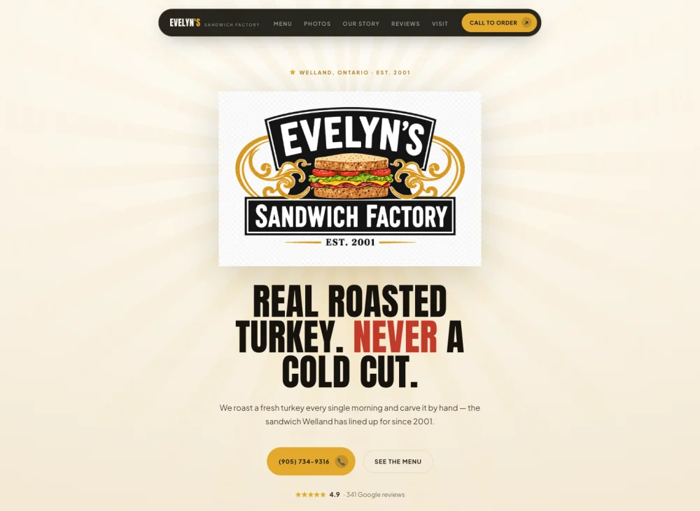 Evelyn’s Sandwich Factory concept website, with menu and ordering information.