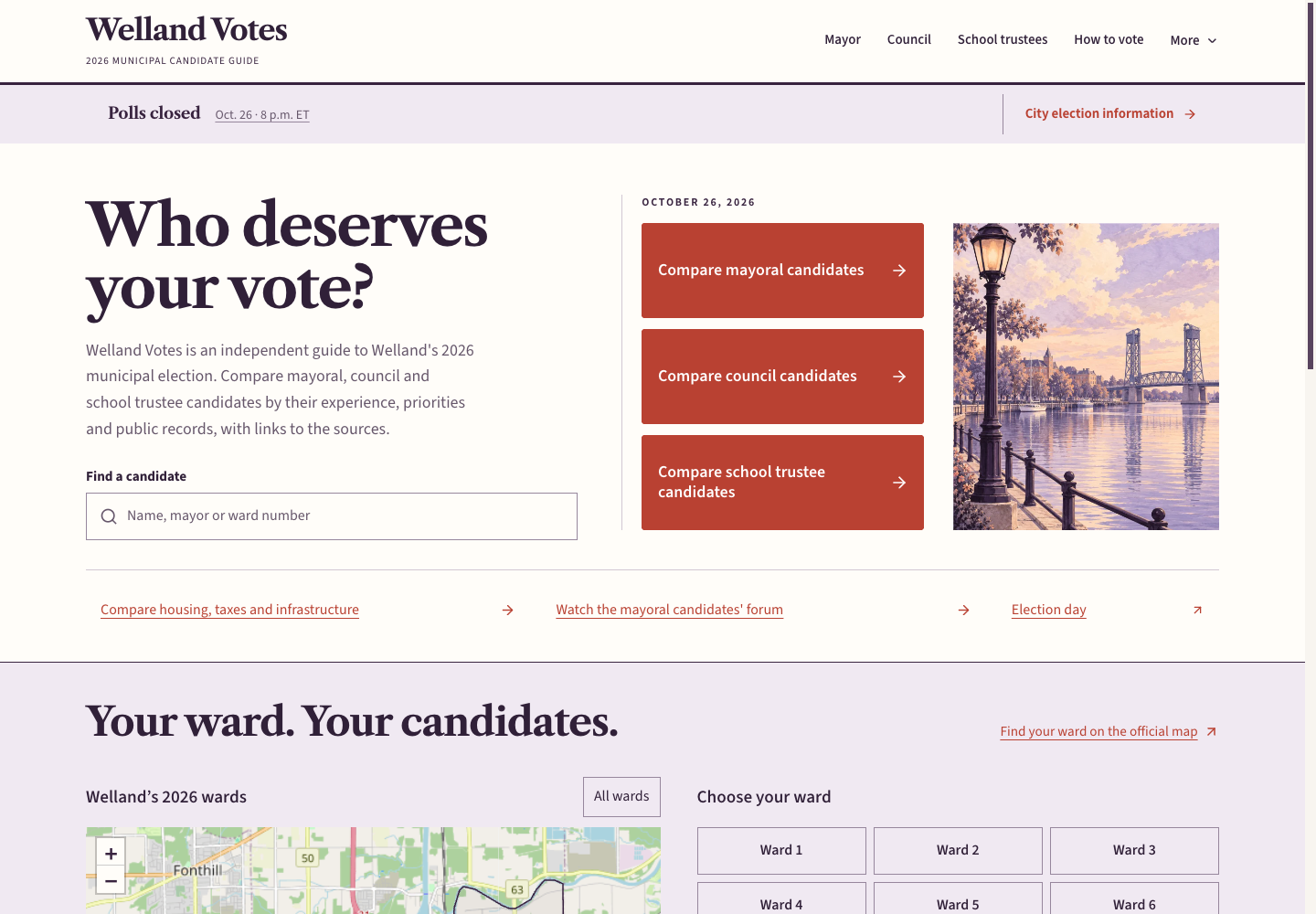 The completed Welland Votes website, with search, comparison tools and clear paths into its content.