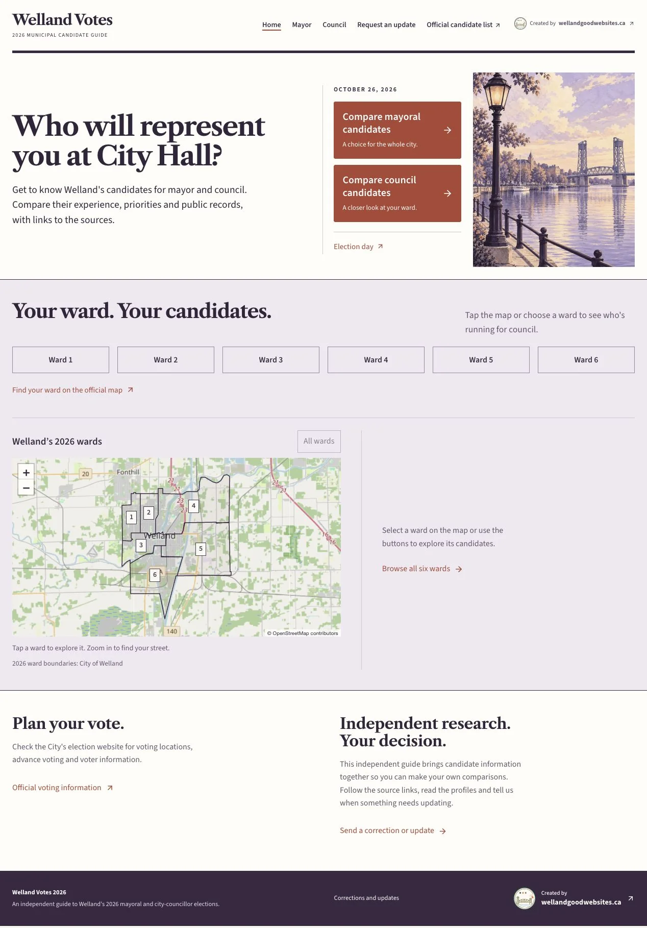 Welland Votes election guide, with candidate comparisons and an interactive ward map.